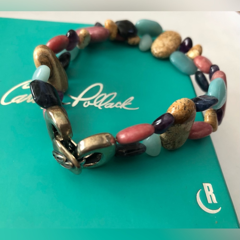 NWT CAROLYN POLLACK Polished Stone Dbl Strand & Sterling Southwest Bracelet